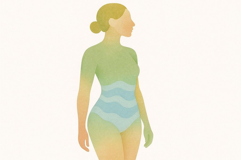 Illustration showing a human figure with blue shading around the abdomen and legs to represent water retention, a cause of temporary weight change. The figure is colored in shades of green, yellow, and orange, and is standing in profile facing to the right.