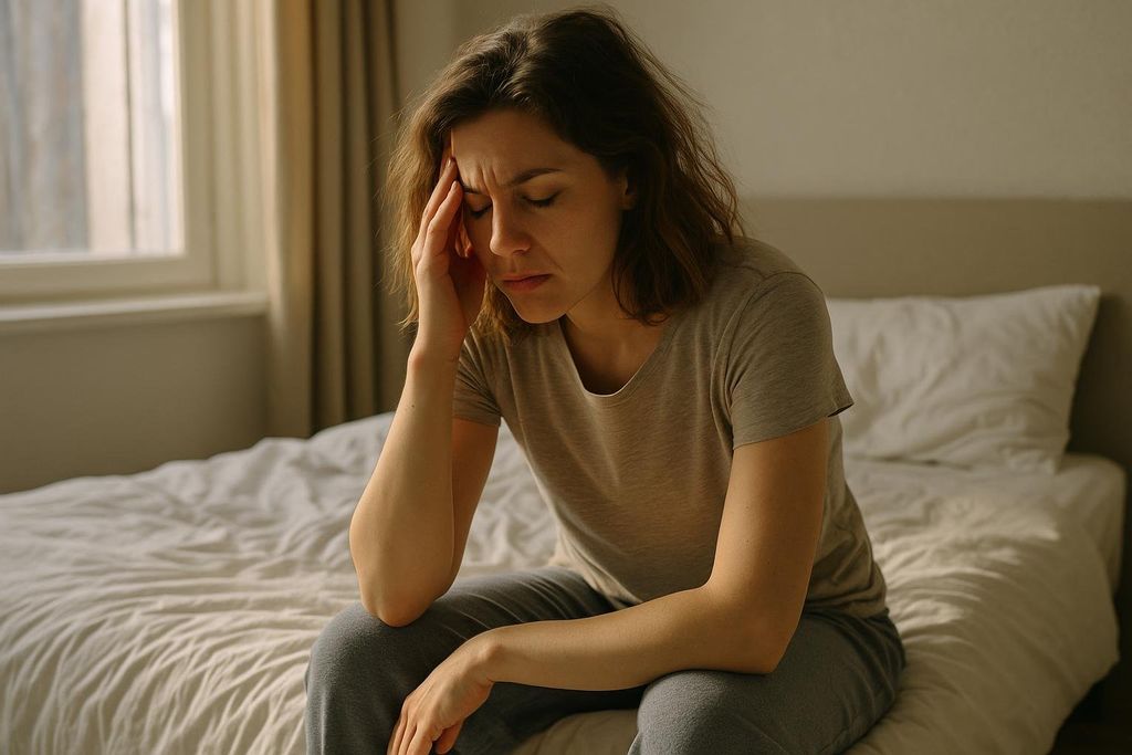 A woman with her eyes closed and a pained expression sits on a bed with one hand on her forehead, indicating a headache, stress, or exhaustion. She wears a simple t-shirt and sweatpants, with a window and a made bed in the background.
