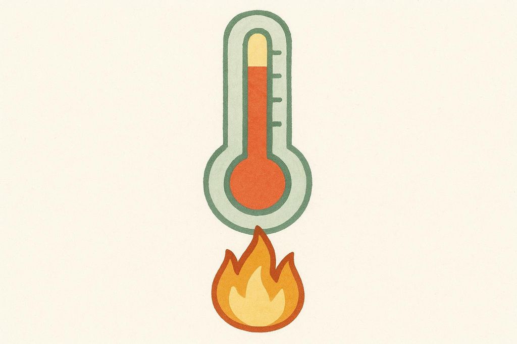 A stylized illustration showing a thermometer with a very high reading, and a small fire burning underneath it.
