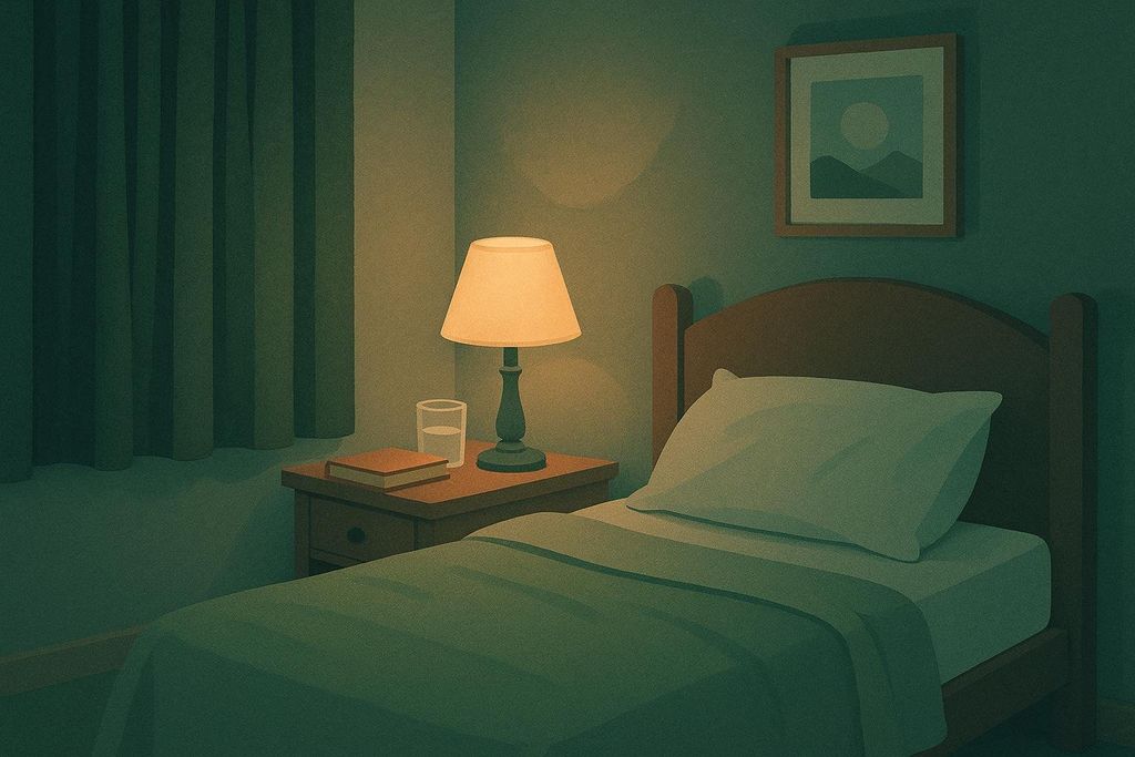 An illustration of a dark and serene bedroom with a bed, a nightstand, and a lamp providing soft light. A book and a glass of water are on the nightstand, beside a closed curtain and directly under a framed picture.