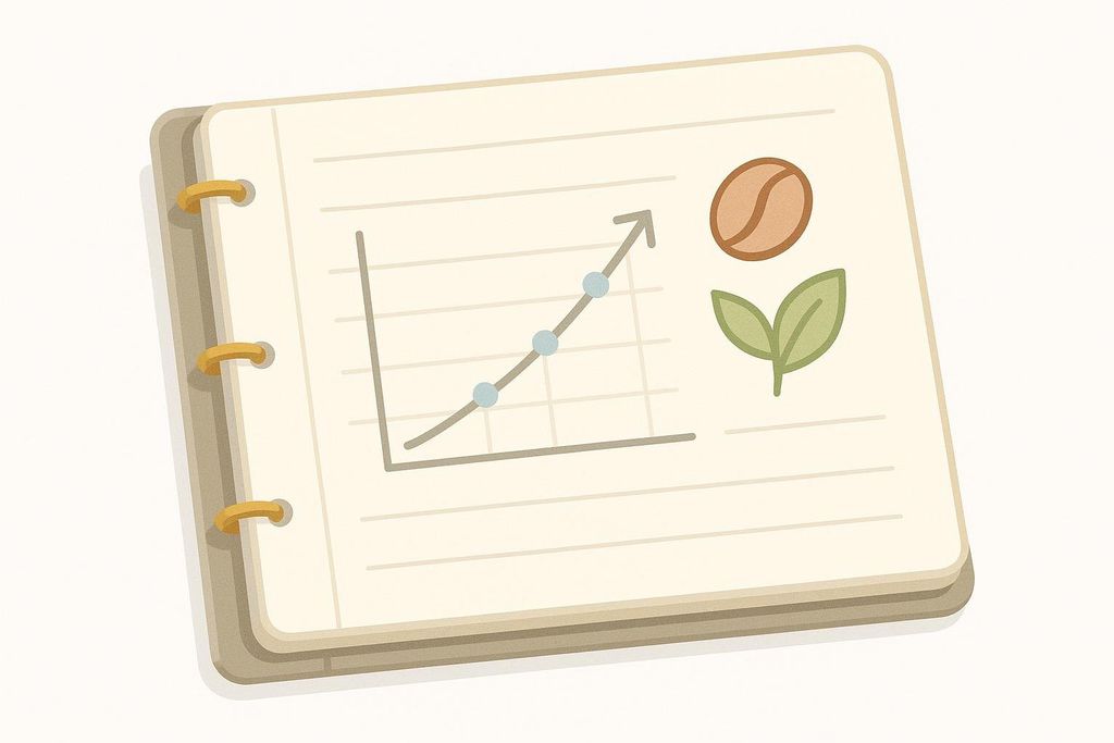 An illustration of a notebook with a graph showing an upward trend and icons of a coffee bean and leaves, representing a personal biohacking experiment.