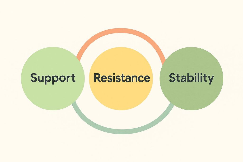 A circular diagram illustrating the benefits of Wall Pilates. Three colored circles represent 'Support' (light green), 'Resistance' (yellow), and 'Stability' (light green), connected by colored arcs, indicating these are key aspects of Wall Pilates.