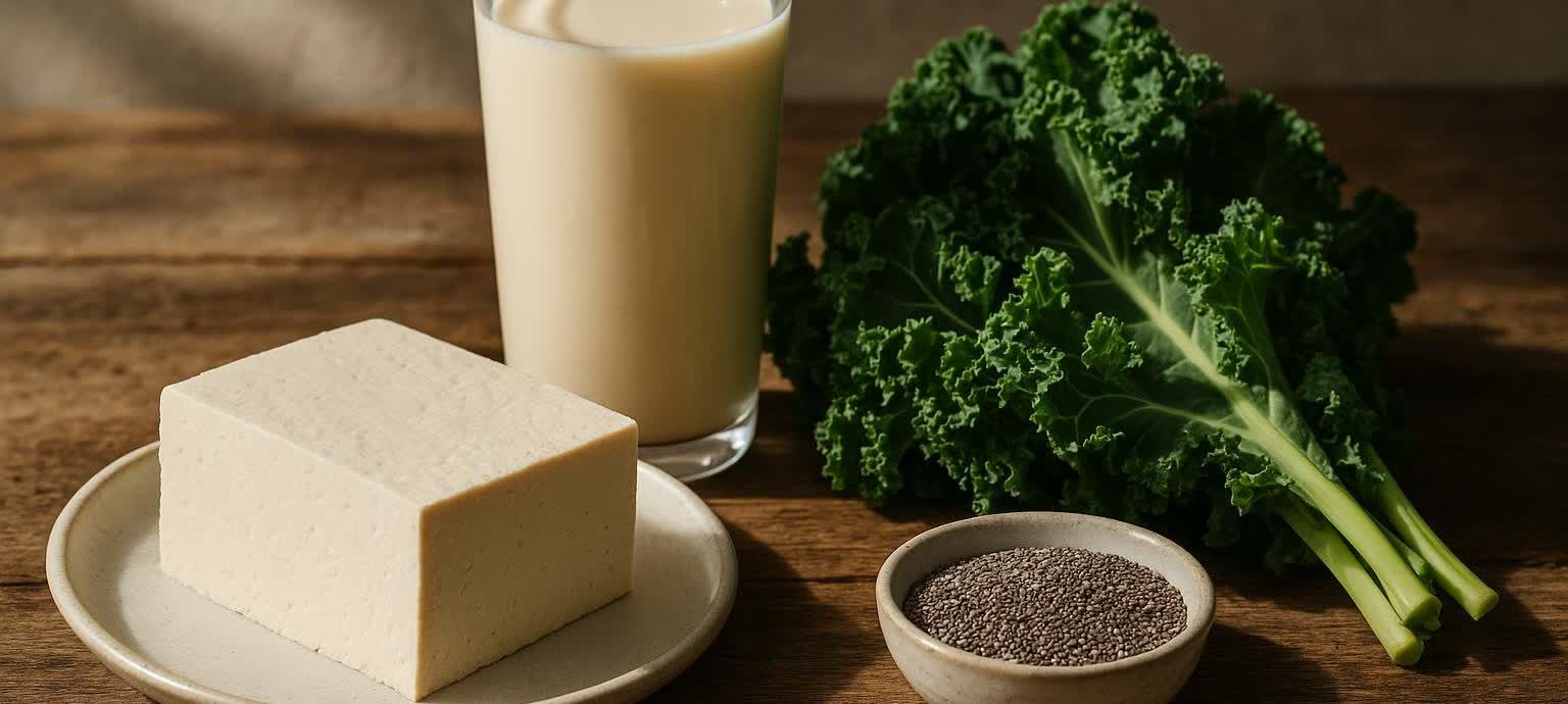An assortment of calcium-rich vegan foods including a block of tofu on a plate, a glass of plant milk, fresh kale, and a small bowl of chia seeds, all arranged on a rustic wooden table.