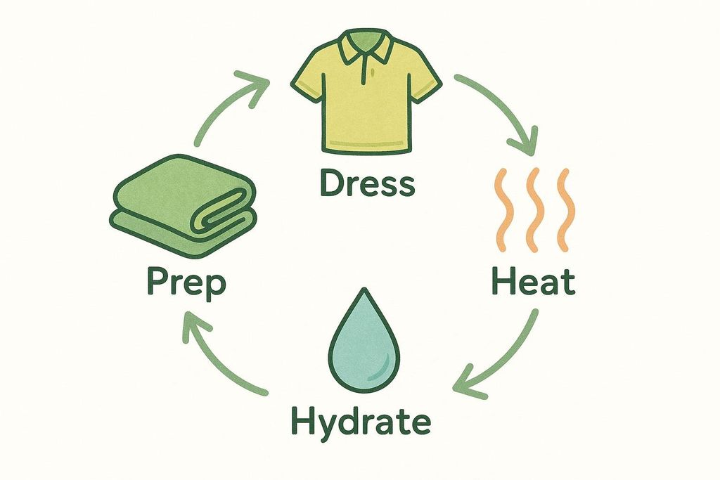 A circular diagram outlining four steps for using a sauna blanket: Prep (folded towel), Dress (yellow polo shirt), Heat (wavy lines), and Hydrate (water droplet), connected by green arrows.