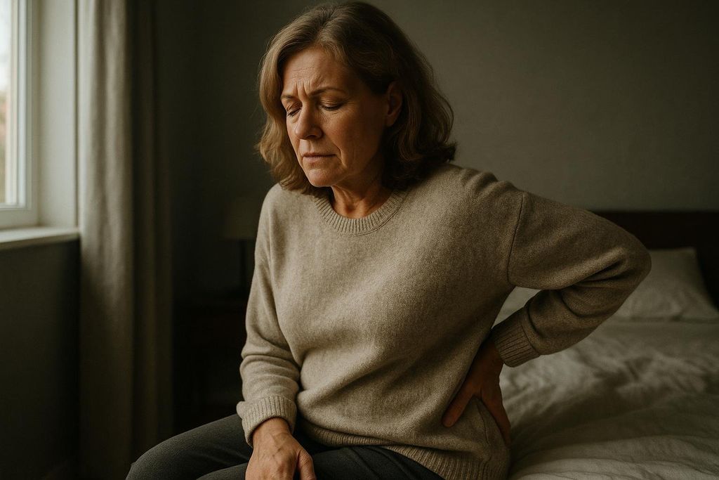 A mature woman sitting on the edge of a bed holding her aching lower back
