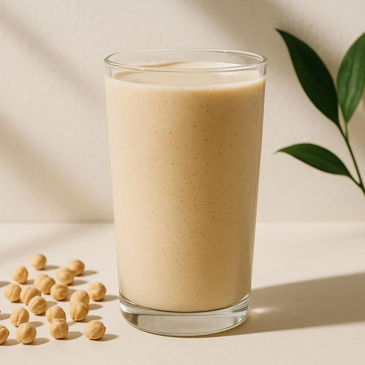 A full glass of creamy, beige chickpea protein shake sits on a light surface, with a scattering of raw chickpeas in the foreground and green leaves in the background.