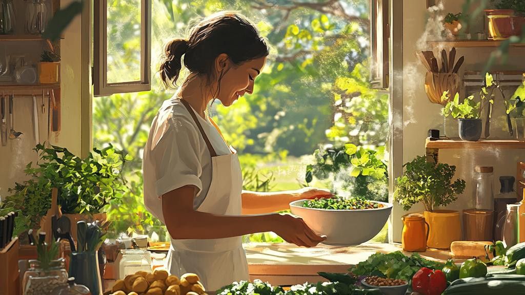 A smiling woman in an apron is preparing a salad in a sunlit kitchen.  She's holding a bowl of greens.
