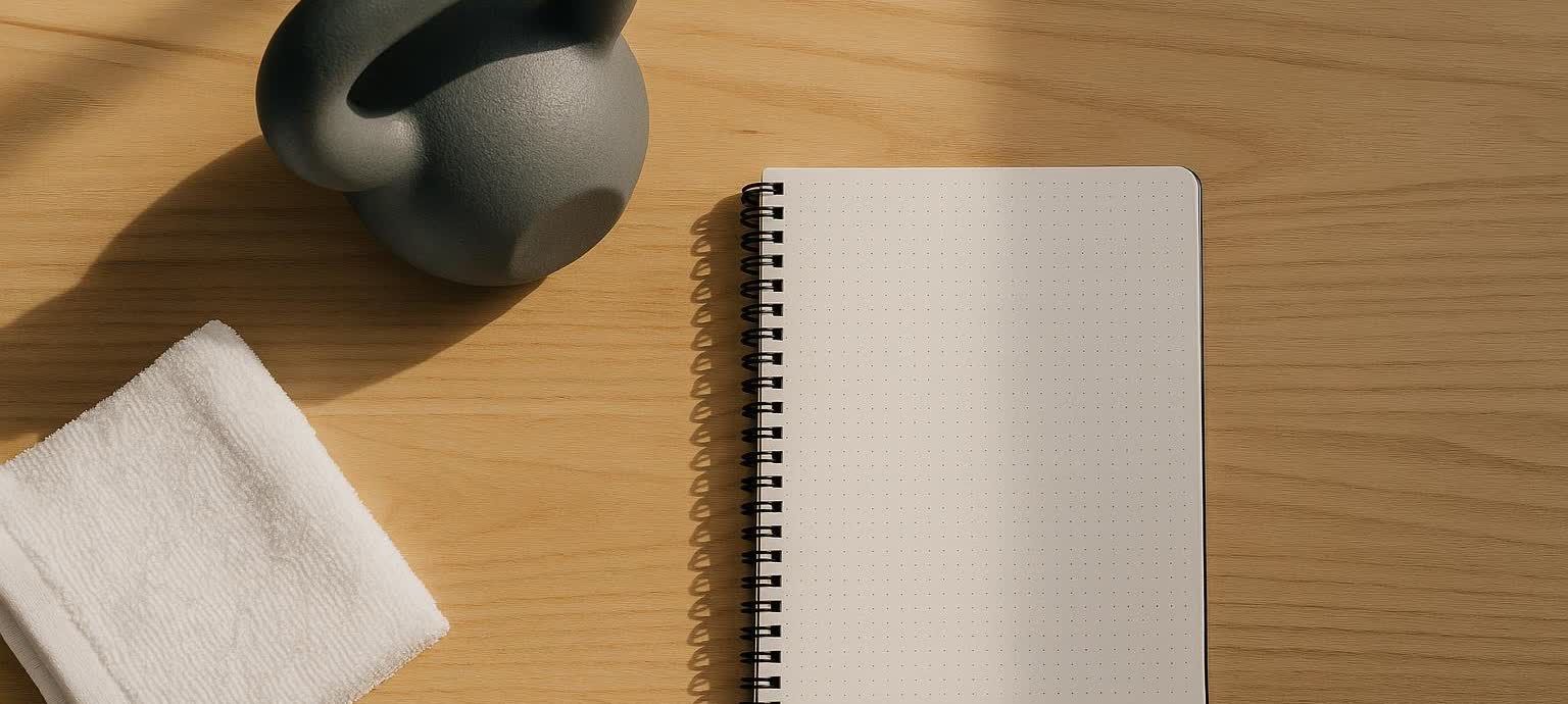 A blank, spiral-bound dotted notebook, a grey kettlebell, and a white towel laid out on a light wooden surface. Sunlight casts shadows on the items, creating a clean and minimalist scene related to fitness tracking or planning.