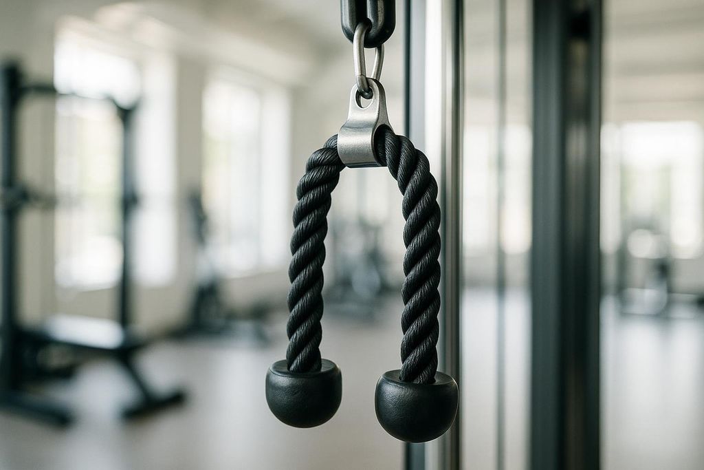 A close-up shot of a black tricep rope attachment hanging from a gym cable machine. The rope is twisted and has rounded black stoppers at the ends. The background is a blurry gym setting with large windows.