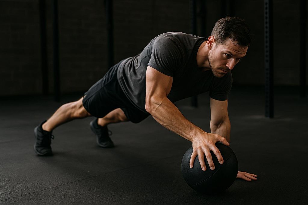 A man in a gym performs a medicine ball plank drag, holding a stable plank position while reaching to drag a black medicine ball with one hand.