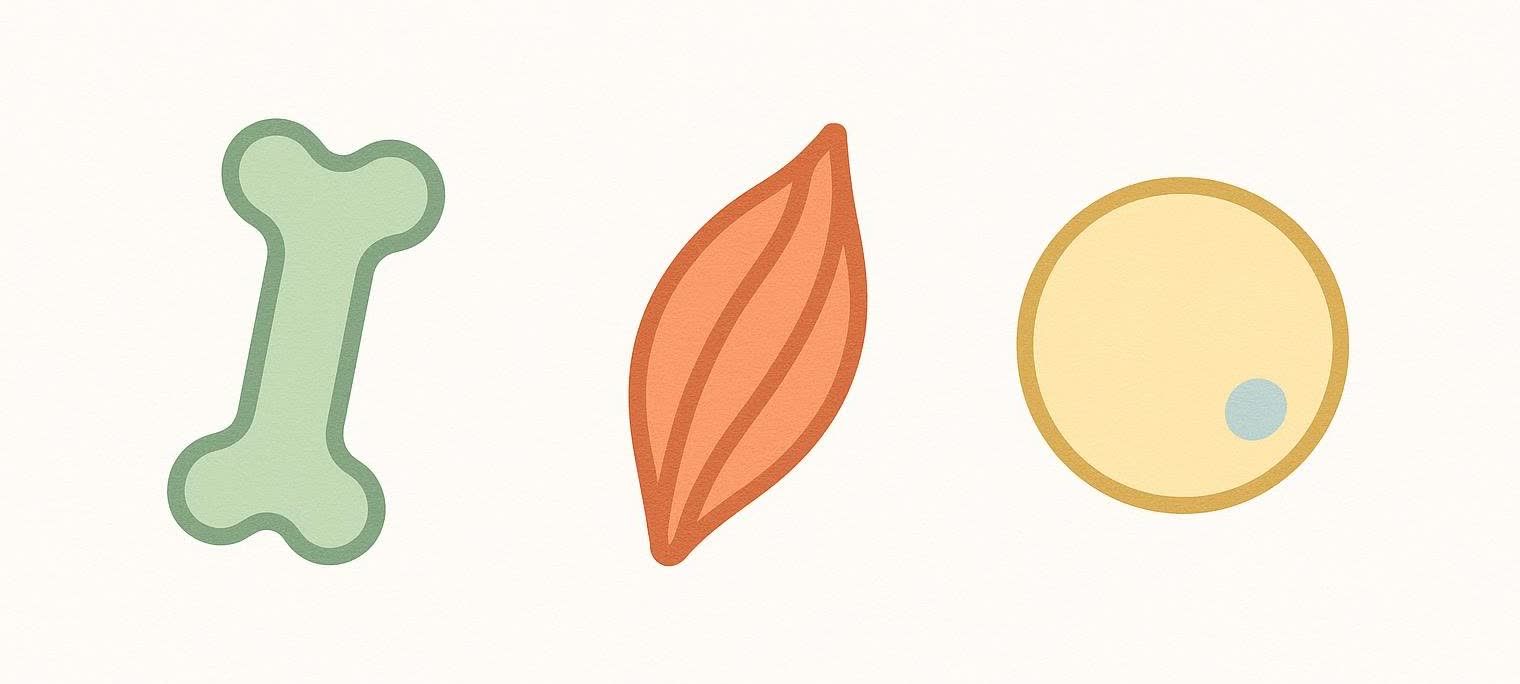 Three abstract icons representing body composition components: a green bone, an orange muscle, and a yellow fat cell with a blue nucleus.