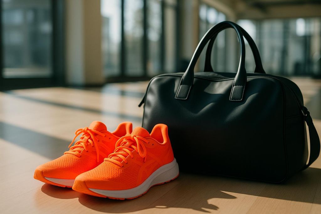 A pair of bright orange athletic sneakers rests on a light wooden floor next to a sleek black gym bag with handles. Sunlight streams in from the background, highlighting the objects.