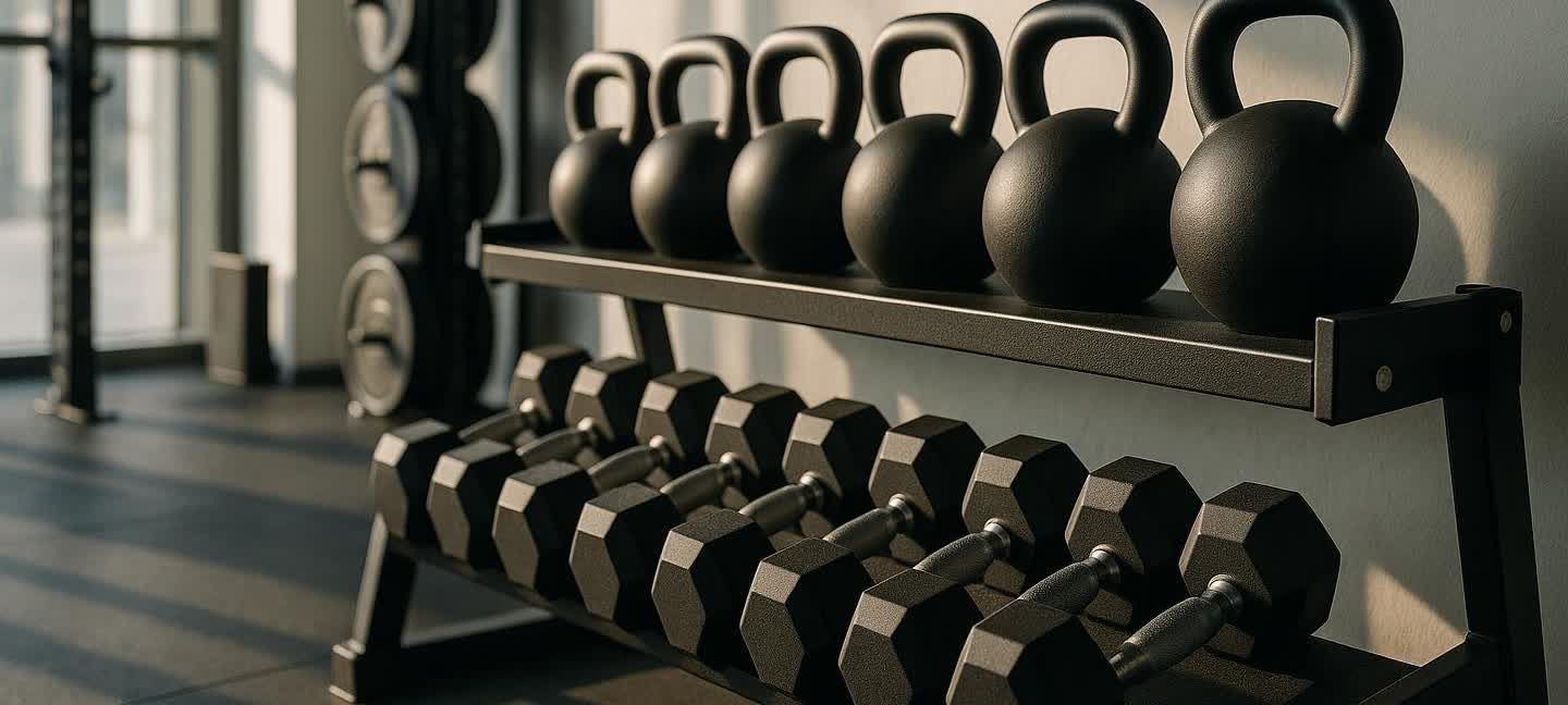 A close-up shot of a two-tier black rack filled with black kettlebells on the top shelf and black hexagonal dumbbells on the bottom shelf, located in a gym with sunlight streaming through a window in the background.