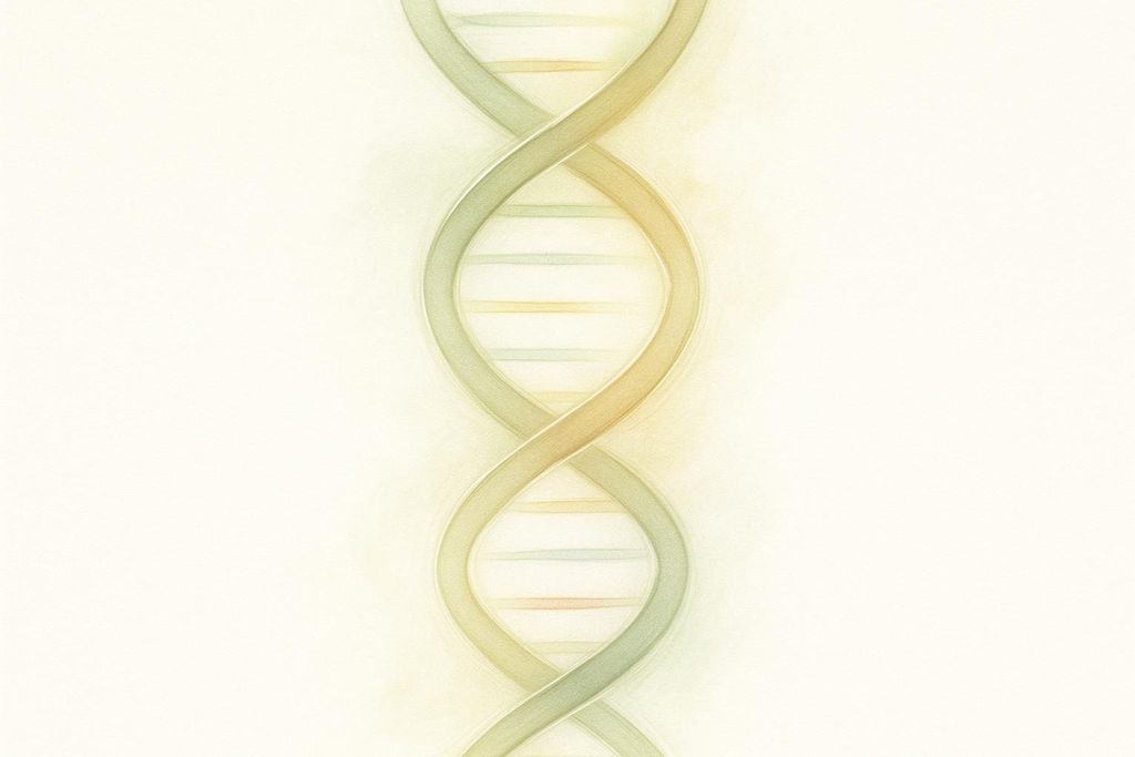 An artistic illustration of a DNA double helix, rendered in soft green and yellow tones against a light background.