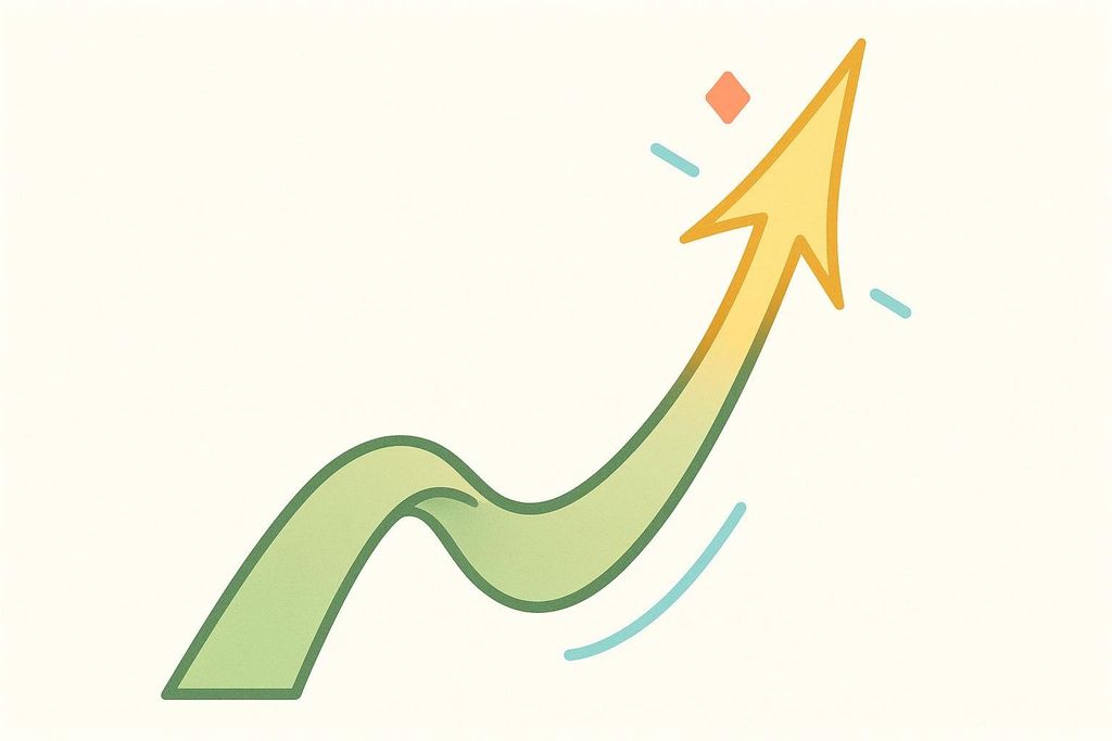A graphic illustration of a wavy arrow trending upwards with a pointed tip, colored in a gradient from green to yellow. Small abstract shapes like a reddish-orange diamond and blue dashed lines are scattered around the tip of the arrow, indicating movement or positive growth.
