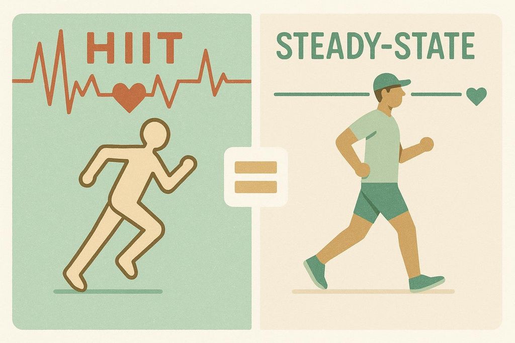 An illustration comparing HIIT and steady-state cardio. The left side shows a runner with a jagged heartbeat line and the word 'HIIT', while the right side shows a runner with a flat heartbeat line and the words 'STEADY-STATE'. An equals sign separates the two, suggesting they are equally effective.