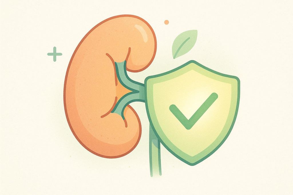 An illustration showing a human kidney icon being protected by a shield icon with a green checkmark, symbolizing the safety of creatine for healthy kidney function.