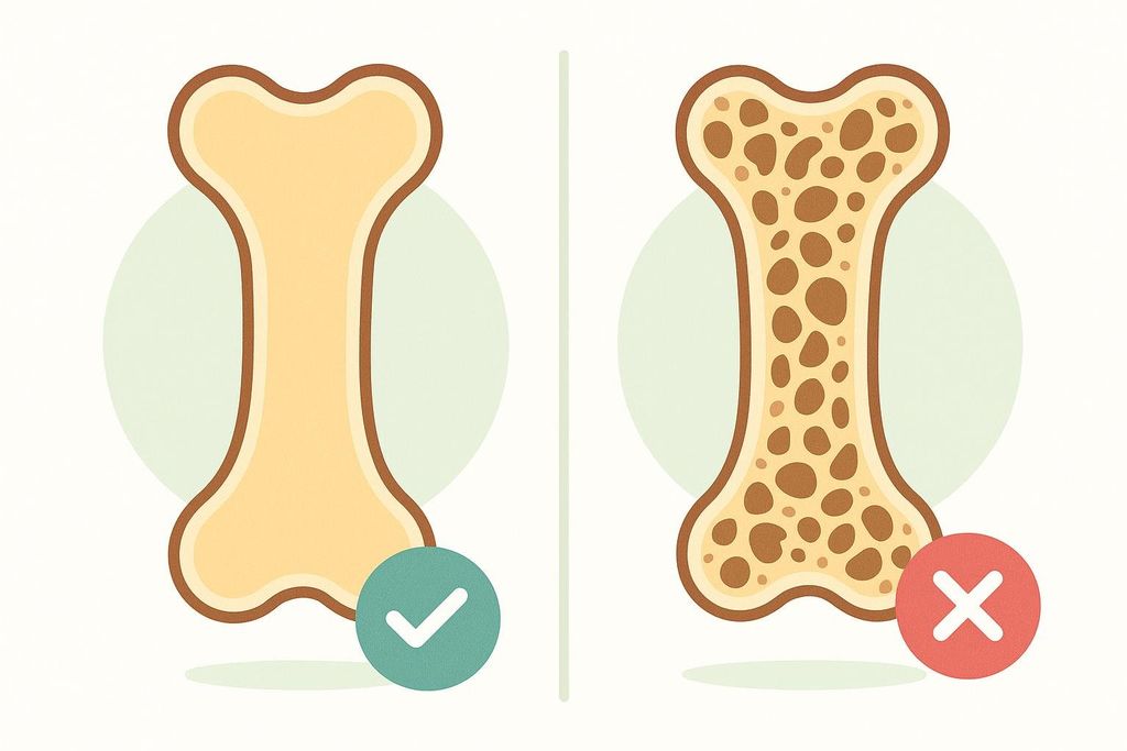 An illustration comparing a dense, healthy bone cross-section with an osteoporotic bone cross-section, which is porous with many holes. A green checkmark denotes the healthy bone, and a red X denotes the osteoporotic bone.