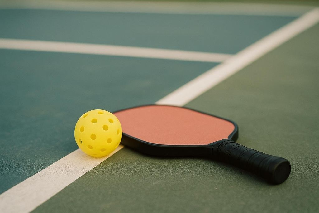 A yellow pickleball with holes rests on a white court line next to an orange and black pickleball paddle on a green pickleball court.