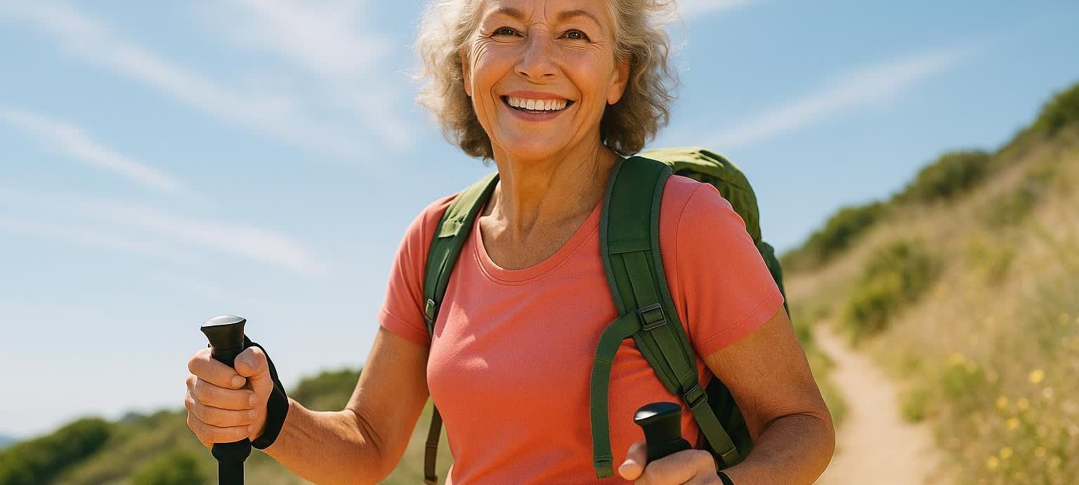 A smiling, active woman in her late 60s, wearing a backpack and holding hiking poles, on a sunny outdoor trail.