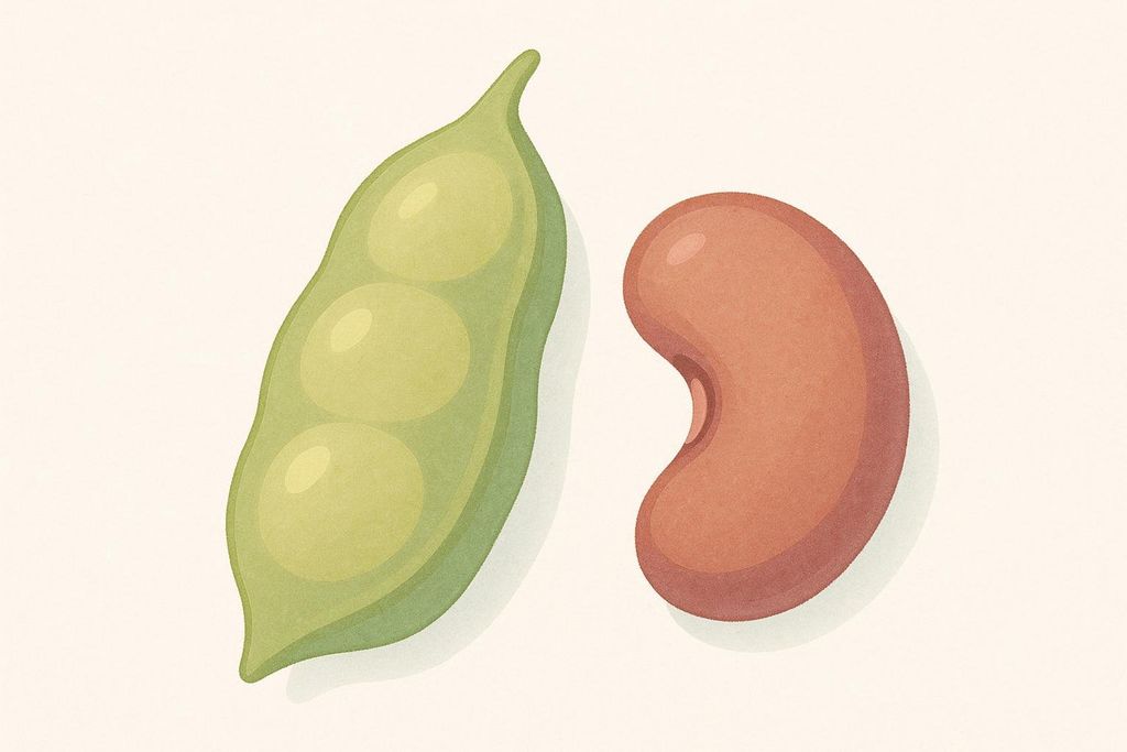 Minimalist illustration of a kidney bean and a pea pod with three peas inside, set against a light background.