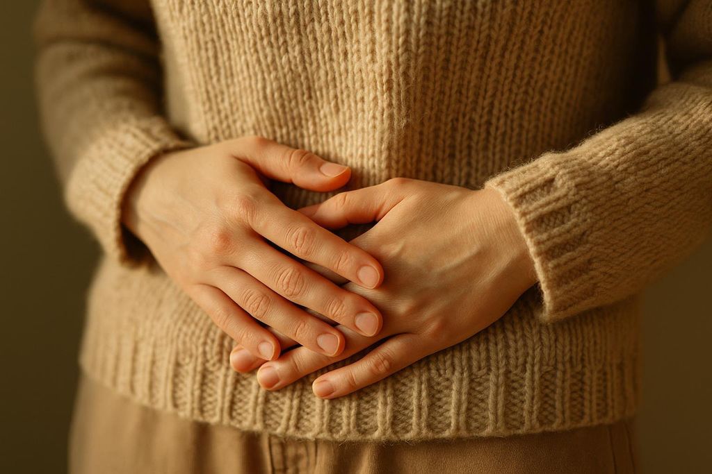Close-up of a person's hands, wearing a light brown knitted sweater, gently resting on their lower abdomen.