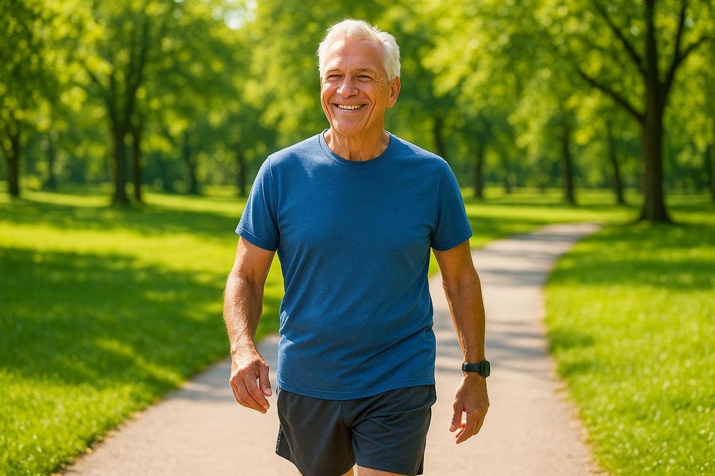A smiling older man with white hair walks energetically on a paved path through a sunny park, wearing a blue t-shirt and dark shorts.
