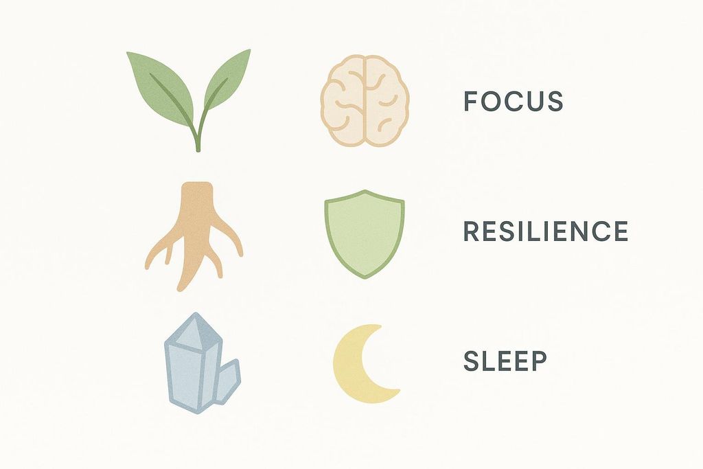An infographic comparing relax drink ingredients with icons for their primary benefit, such as focus, resilience, or sleep.