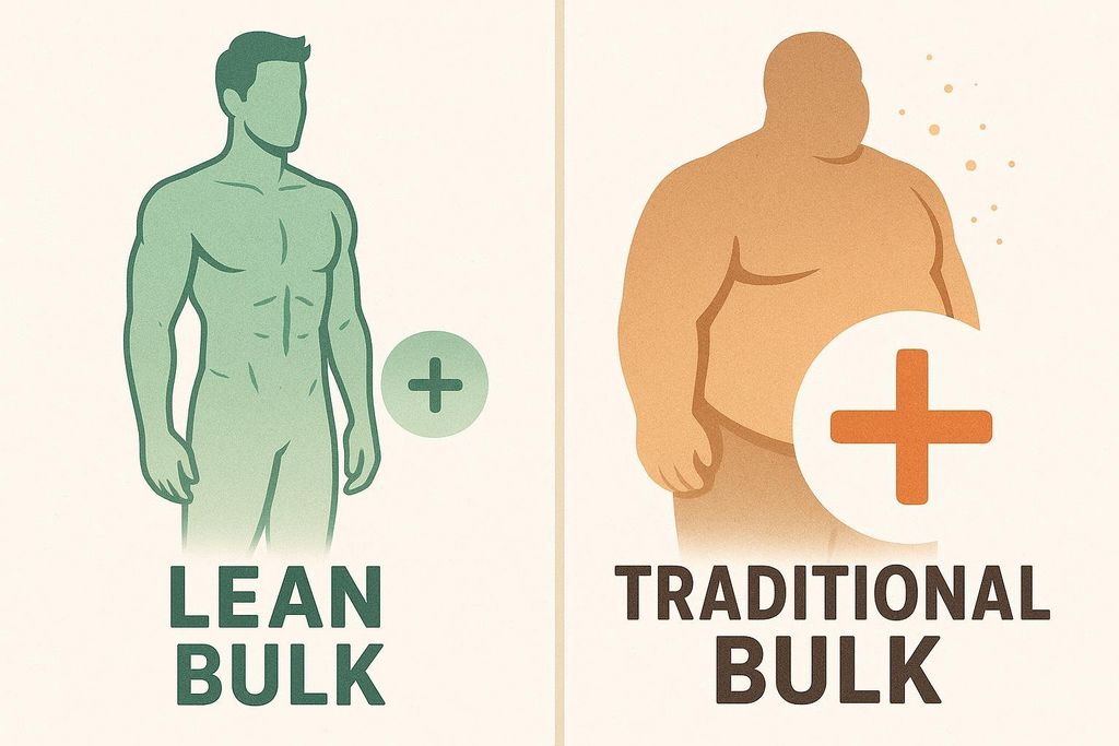 Illustration showing the difference between a lean bulk and a traditional bulk. On the left, a lean, muscular body labeled 'Lean Bulk' with a small plus sign. On the right, a larger, less defined body labeled 'Traditional Bulk' with a large plus sign.