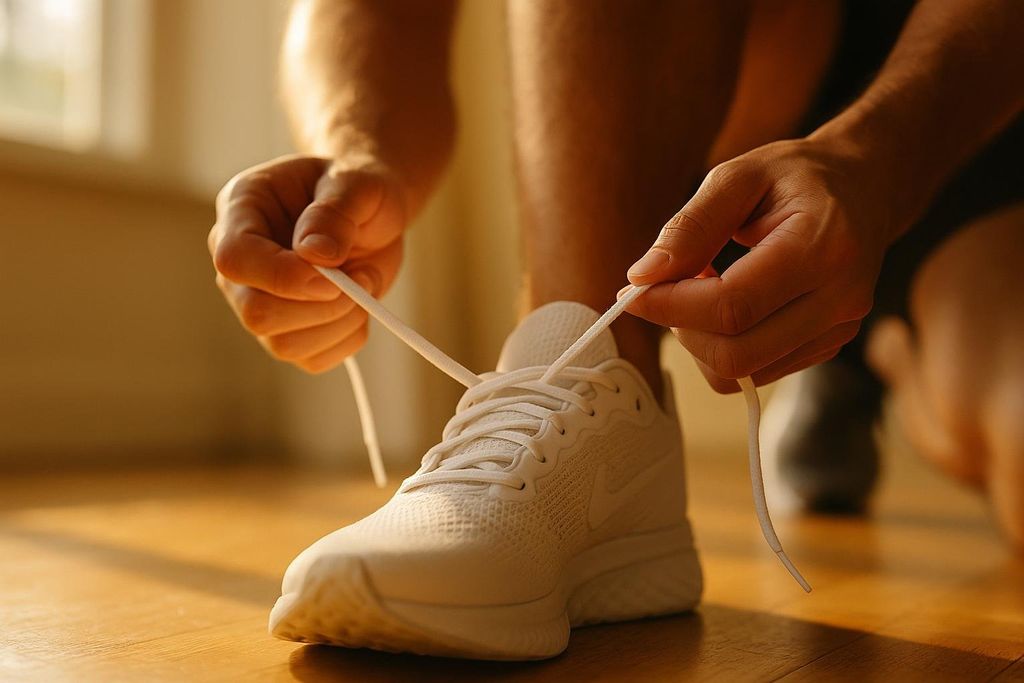Close-up of a person's hands tying the white laces of a white athletic shoe on a wooden floor, with warm light highlighting the scene.