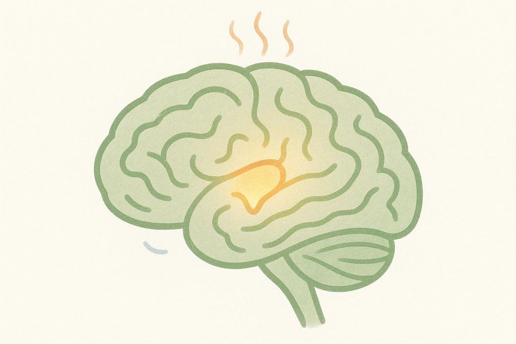 Illustration of a brain with a bright yellow glow in the hypothalamus area, and wavy lines indicating heat coming from the top.