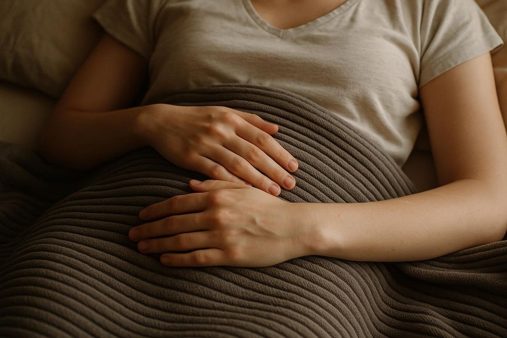 A person lying in bed, seen from the chest down, with hands gently resting on their stomach. They are under a brown textured blanket and wearing a light-colored t-shirt.