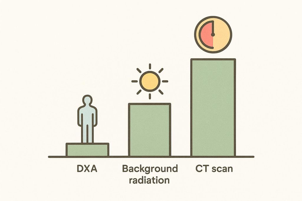 A bar chart comparing radiation doses. The first bar for DXA shows a small figure on a short bar. The second bar for background radiation is taller with a sun icon. The third bar for CT scan is the tallest with a clock icon, indicating the highest dose.