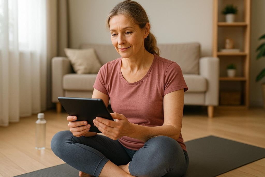 A woman in her 40s sits cross-legged on a yoga mat in a calm home setting, looking at a tablet. A water bottle is beside her.