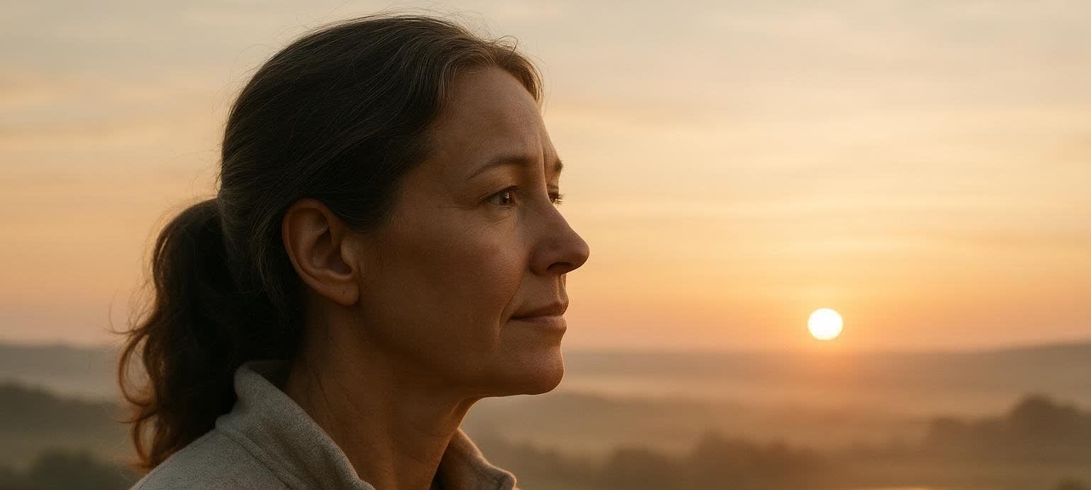 A side profile of a woman with dark hair tied back, looking towards a bright sunrise with a large, orange sun low on the horizon. The background shows hazy, rolling hills in warm tones of orange and yellow, suggesting a peaceful morning scene.