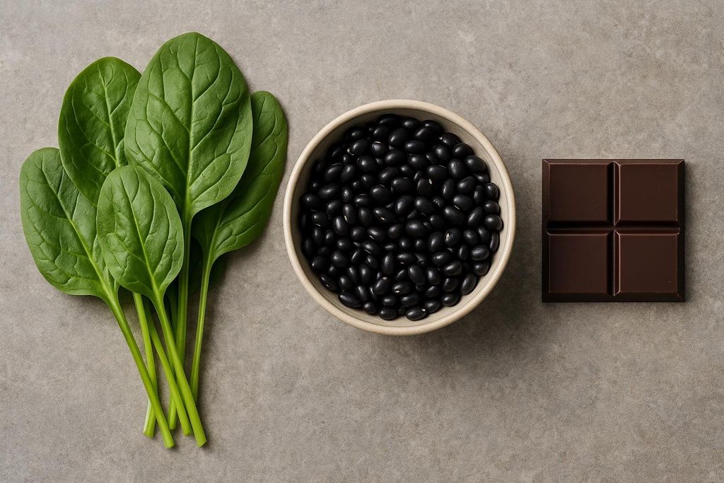 An overhead view of a small bunch of fresh spinach, a bowl of black beans, and a four-square piece of dark chocolate, all known to be rich in magnesium, laid out on a gray surface.