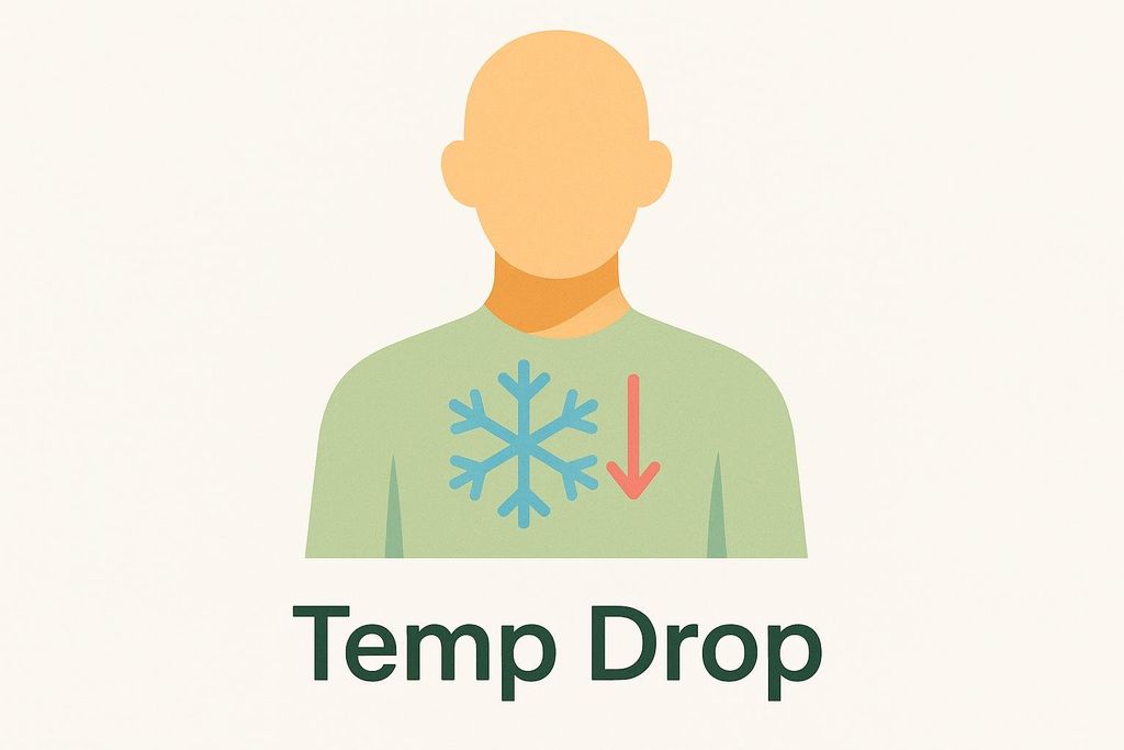 An illustration showing a person's upper body with a snowflake and a red downward arrow on their chest, indicating a 'Temp Drop'.