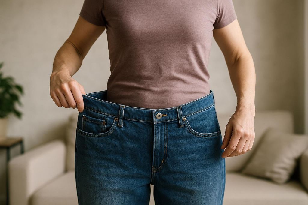 A person in a brown t-shirt holds out the waistband of a pair of oversized blue jeans, demonstrating significant weight loss. The jeans are so big they easily slip down.