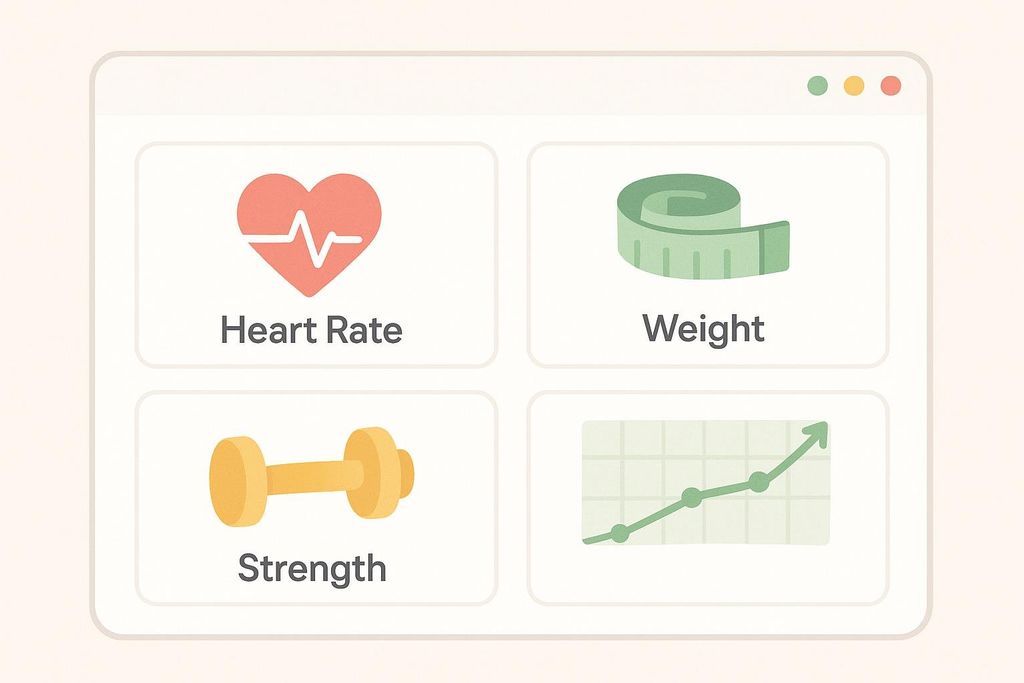 An illustration of a health tracking dashboard with four icons: Heart Rate (a heart with a pulse line), Weight (a measuring tape), Strength (a dumbbell), and a progress graph showing an upward trend.