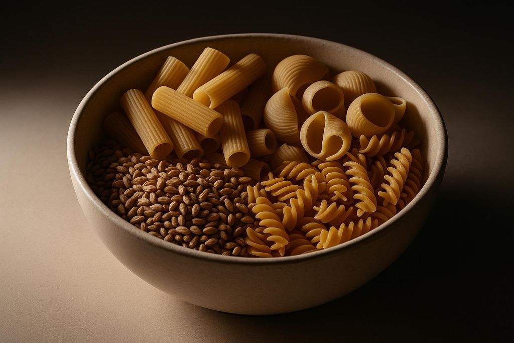 A ceramic bowl filled with an assortment of raw, uncooked pasta shapes (rigatoni, conchiglie, and fusilli) alongside uncooked grains, possibly barley, all representing carbohydrate food sources.