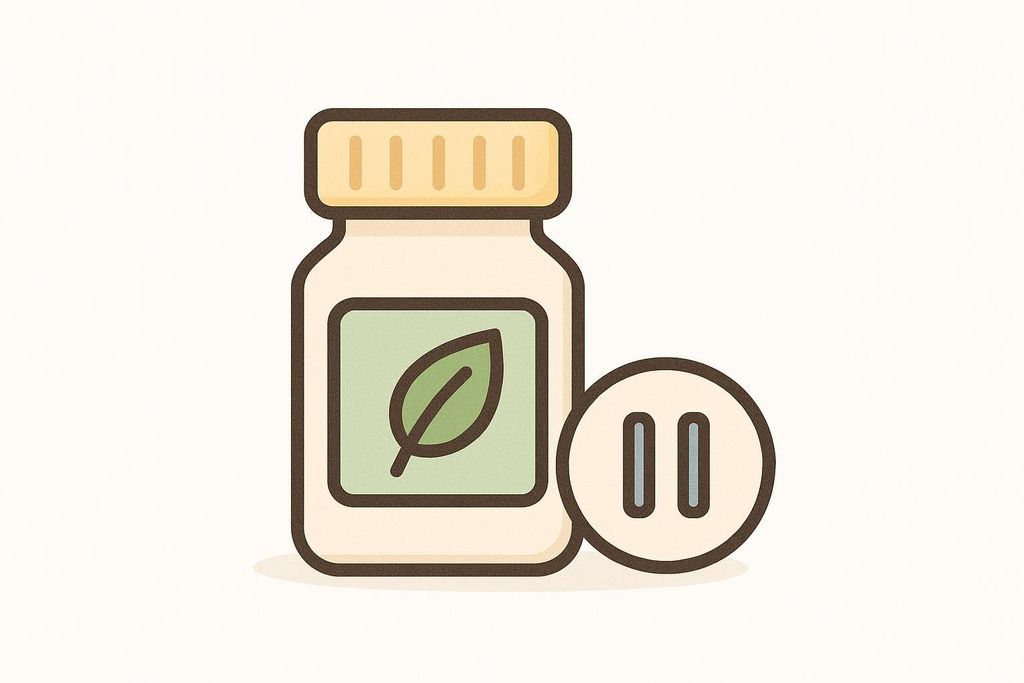 An icon depicting a supplement bottle with a leaf on its label positioned next to a pause symbol, suggesting to stop taking supplements like biotin.