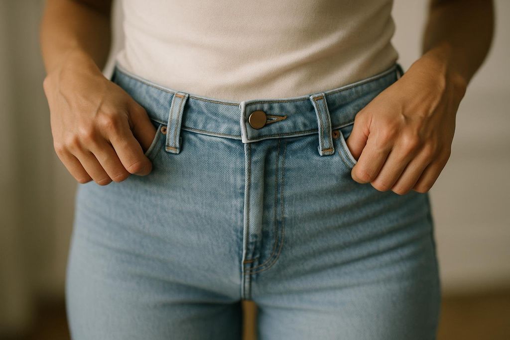 Close-up shot of a person wearing light wash blue jeans and a light-colored top. Their hands are tucked into the front pockets of the jeans. The jeans have a single bronze button closure at the waist.