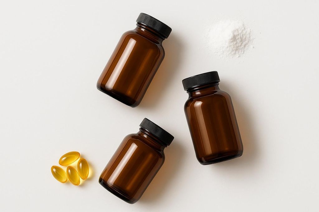 Three dark amber glass supplement bottles with black caps are arranged on a white surface. To the left, a small cluster of golden, translucent softgel capsules is visible, and in the top right corner, a pile of white powder, likely creatine, is shown.