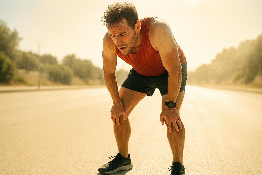 A man in a red tank top and dark shorts, appearing exhausted and sweating, leans forward with his hands on his knees. He is outdoors in a bright, warm environment with a blurred road and trees in the background, suggesting a strenuous run.