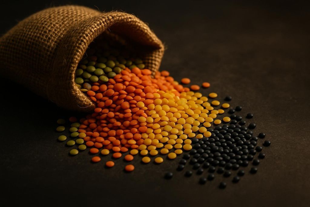 A rustic burlap sack lies on its side, spilling an assortment of lentils onto a mottled dark surface. The lentils are arranged in distinct color sections: green near the sack's opening, then a vibrant orange, followed by a bright yellow, and finally a rich black.
