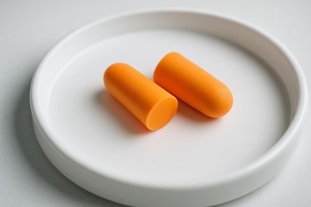Two clean orange foam earplugs rest symmetrically on a minimalist white clinical tray.