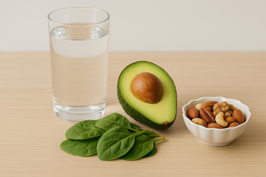 A glass of water, fresh spinach leaves, a halved avocado with pit, and a bowl of mixed nuts on a light wooden surface. These items are rich in electrolytes and can help manage keto flu symptoms.