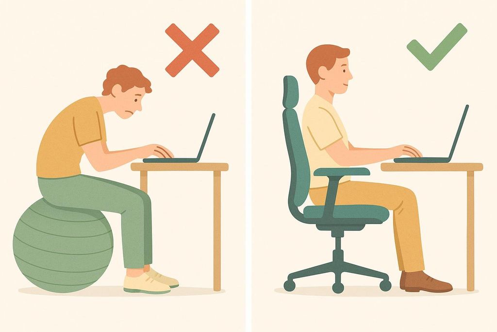 Illustration comparing poor posture while working at a desk on a stability ball, showing a hunched back (marked with a red X), versus good posture in a proper office chair, showing a straight back (marked with a green checkmark).