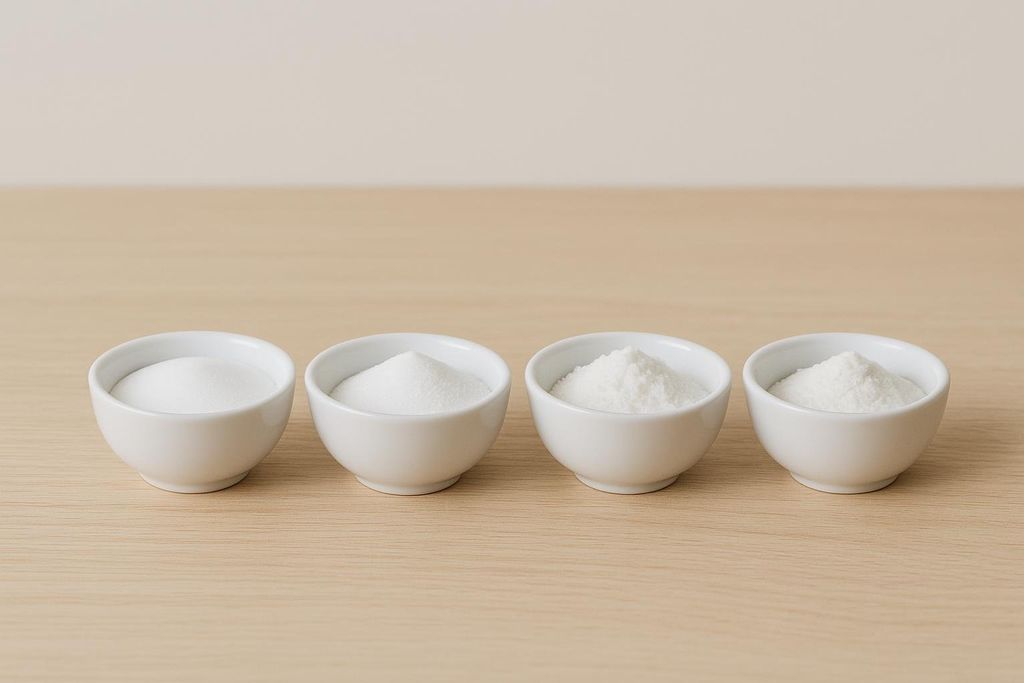 Four white bowls are lined up on a light wooden surface, each containing a different white granular or powdered sweetener. From left to right, the textures appear to range from fine crystals to very fine powder, suggesting different types of sugar or sugar substitutes.