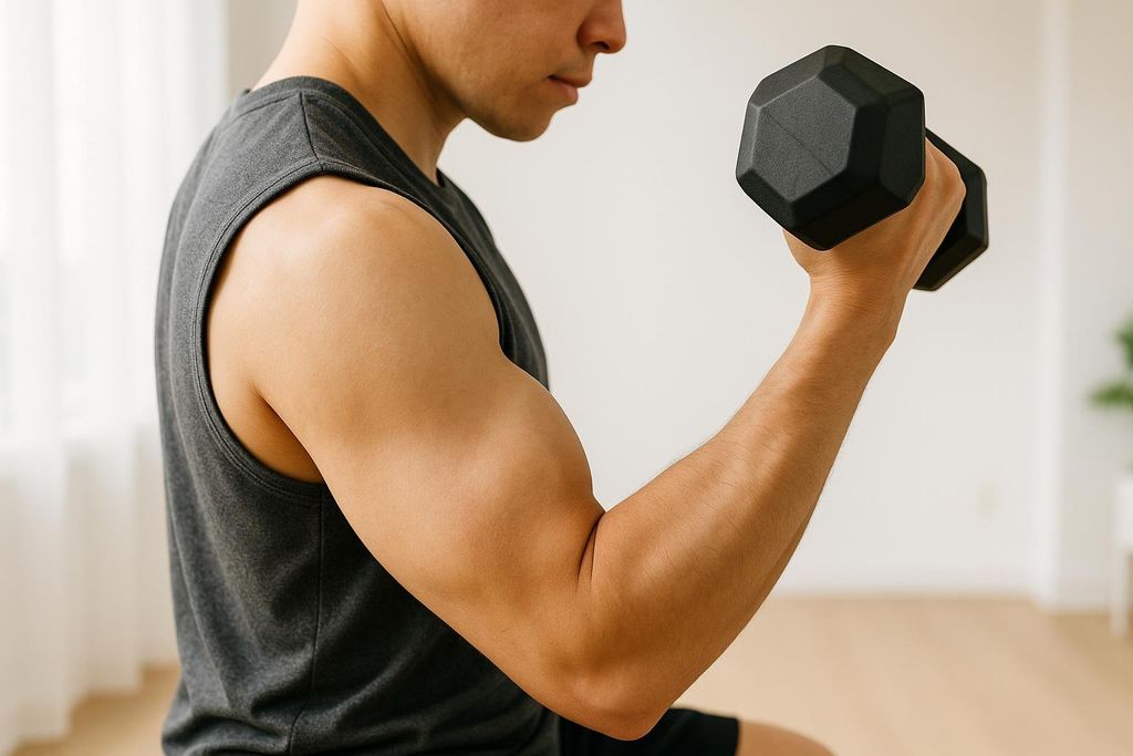 Close up of a person's arm and shoulder as they lift a black dumbbell.